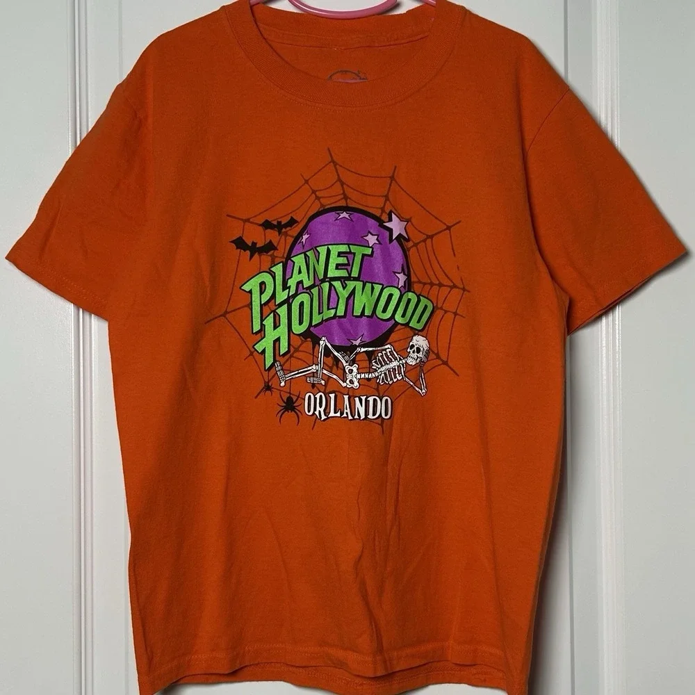 Planet Hollywood Orlando‎ Vintage Y2K Orange Halloween Skeleton Graphic T-Shirt